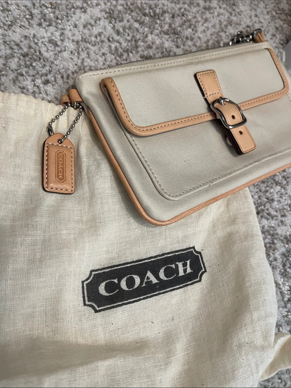 Coach Cream Leather Wristlet with Tan Trim
